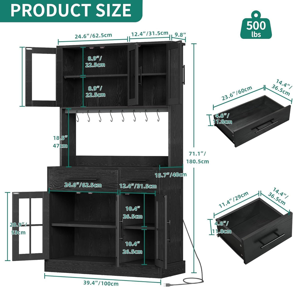 YITAHOME 2-Pack Kitchen Pantry Storage Cabinet Set, 71'' Kitchen Hutch with Outlet & Glass Door & Drawer & Shelves & Hook, Freestanding Microwave Stand Coffee Bar for Home Dining Living Room, Black