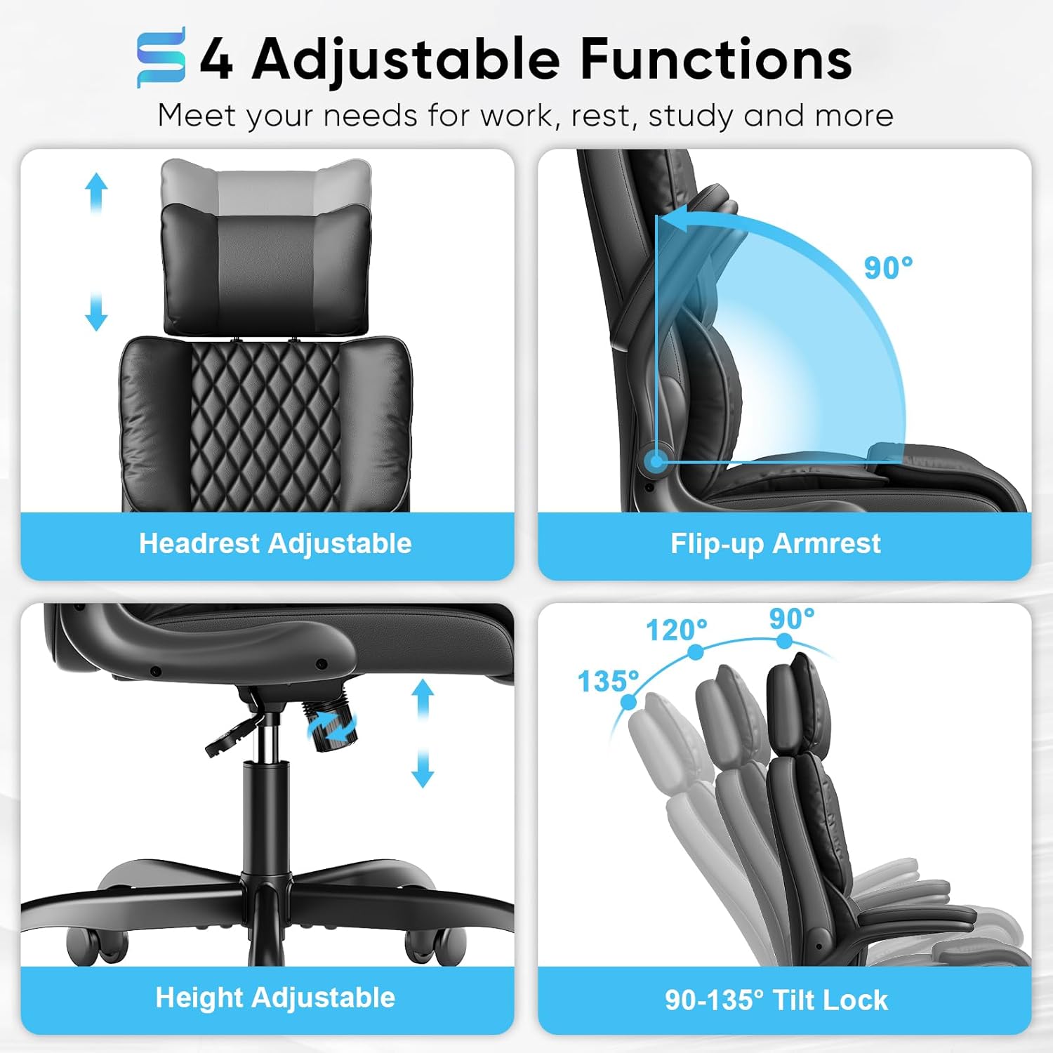 Sytas Ergonomic Office Chair with Adjustable Headrest, Executive Leather Desk Chair with Upgraded Lumbar Support for Lower Back Pain Relief, Thickened Backrest Computer Chair for Home Office, Black