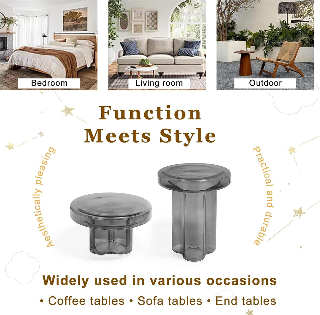Storm Glass Side Table for Living Room, Round End Table with Tempered Glass Top (Grey, 14.96)