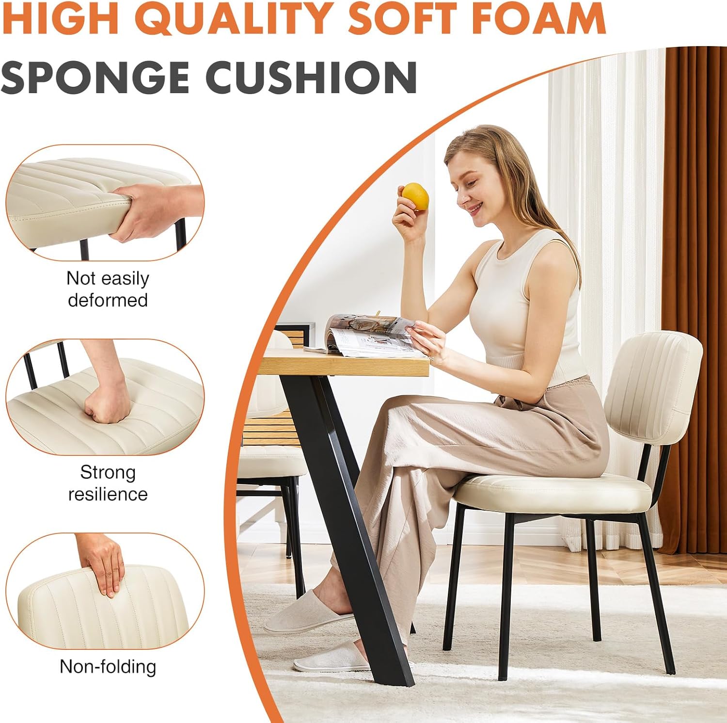Sweetcrispy Dining Chairs Set of 2, Upholstered Mid Century Modern Kitchen Accent Chairs with Faux Leather Cushion Seat & Metal Legs for Home Office, Living Room-Beige White