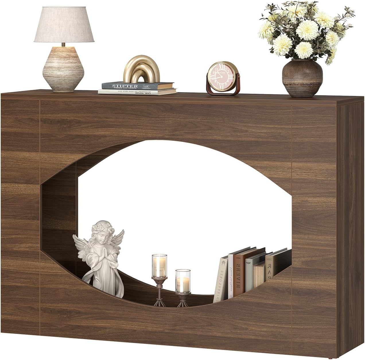 Farmhouse Console Table with LED Lights, 47 Inches Entryway Table with Open Storage, Modern Wood Couch Table Behind Sofa, Narrow Accent Entrance Table for Living Room, Hallway, Foyer,Rusitc Brown