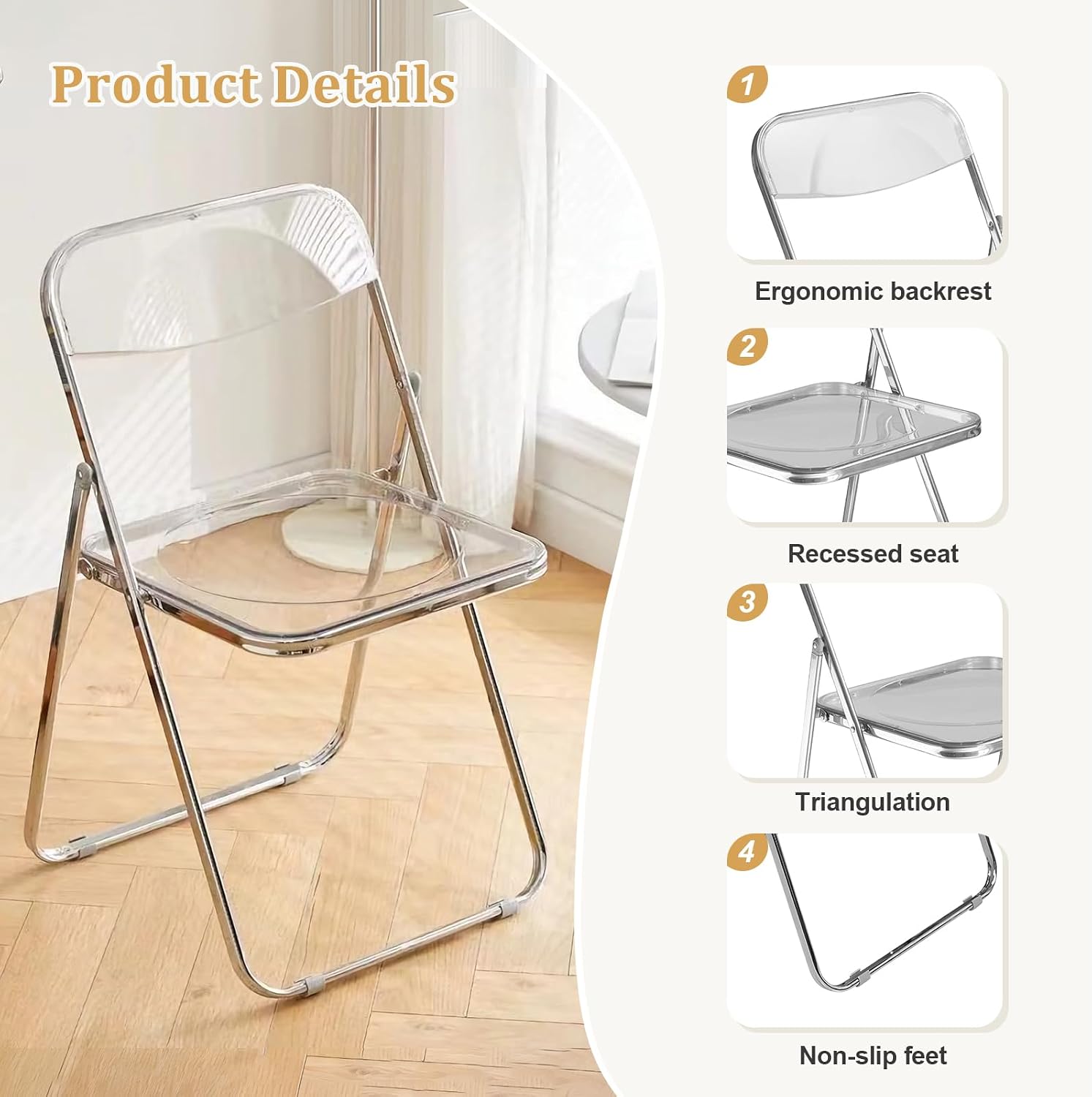 Folding Chair, 12 Pack Acrylic Chair, Clear | Space-saving acrylic folding chair,easy fold & store.Holds up to 300 lbs,comfortable for home,office,parties and daily use.