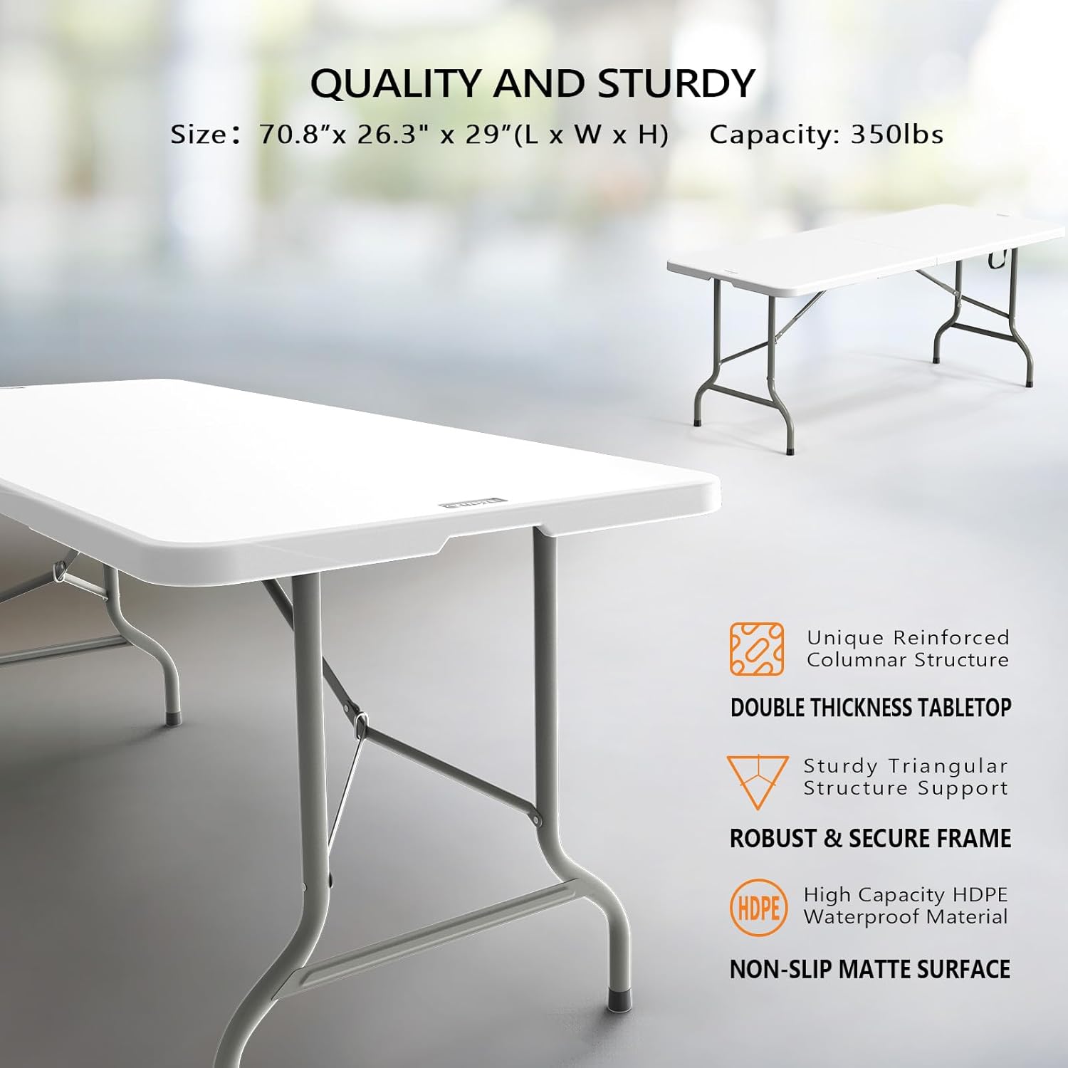VINGLI 6-Foot Portable Plastic Folding Table,Rectangular HDPE Tabletop Foling Table for Indoor and Outdoor Use with Carrying Handle,White 2 Pack