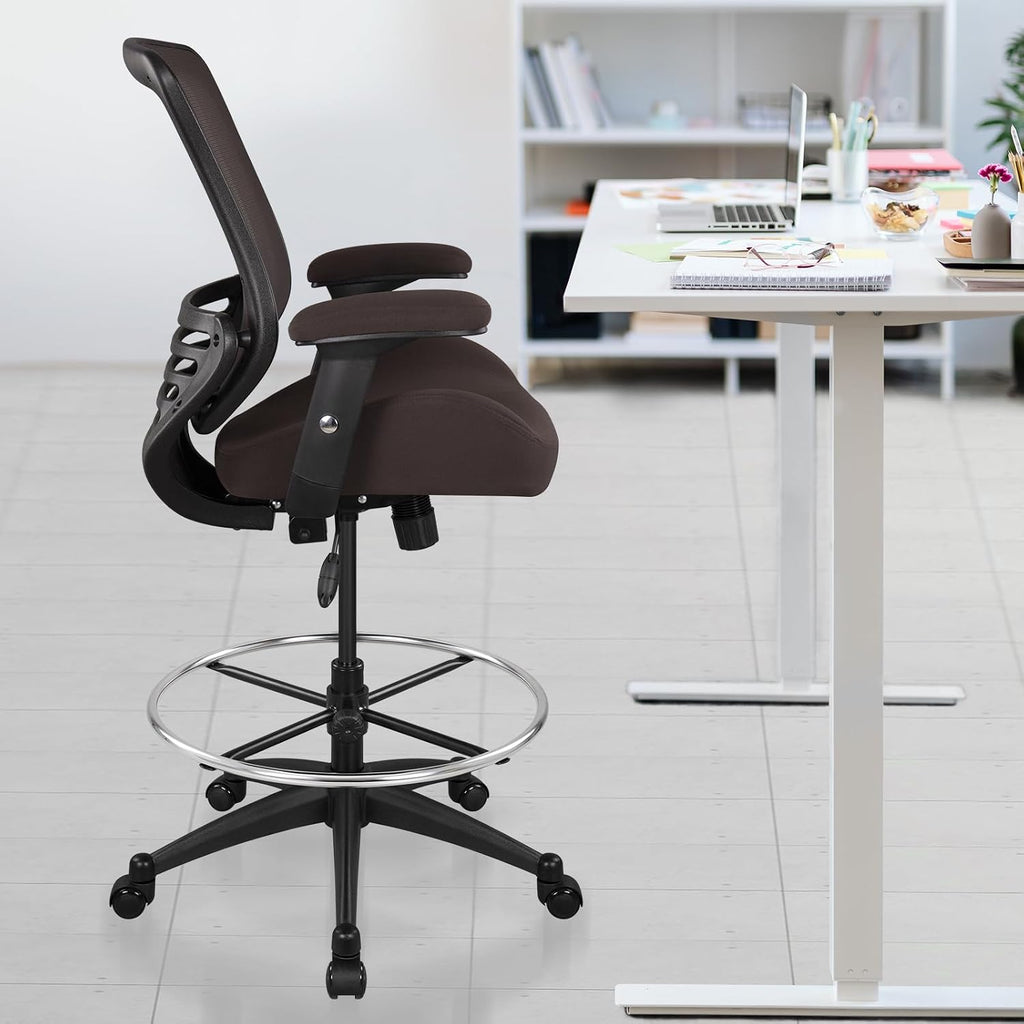 BOLISS 400lbs Mesh Ergonomic Drafting Chair,Tall Office Chair, Standing Desk Chair,Height Adjustable Armrest,Lumbar Support,Foot Ring,Swivel Computer Task Chair(Brown)