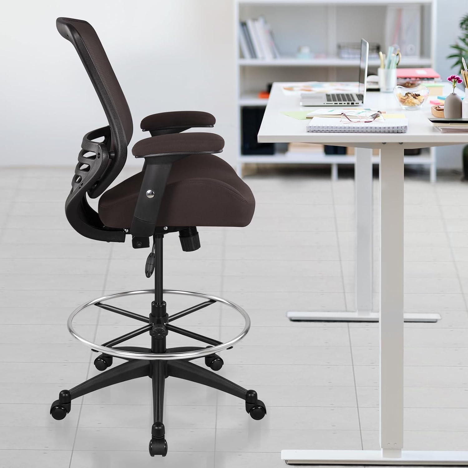 BOLISS 400lbs Mesh Ergonomic Drafting Chair,Tall Office Chair, Standing Desk Chair,Height Adjustable Armrest,Lumbar Support,Foot Ring,Swivel Computer Task Chair(Brown)