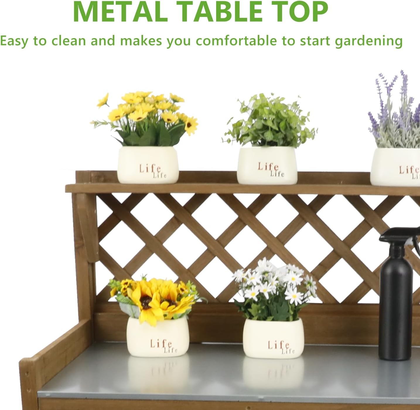 PetsCosset Garden Potting Benches & Tables,Outdoor Wooden Work Station W/Metal Table Top,Drawer,Large Bottom Shelf,Open Shelf Natural Wood-Natural Stained
