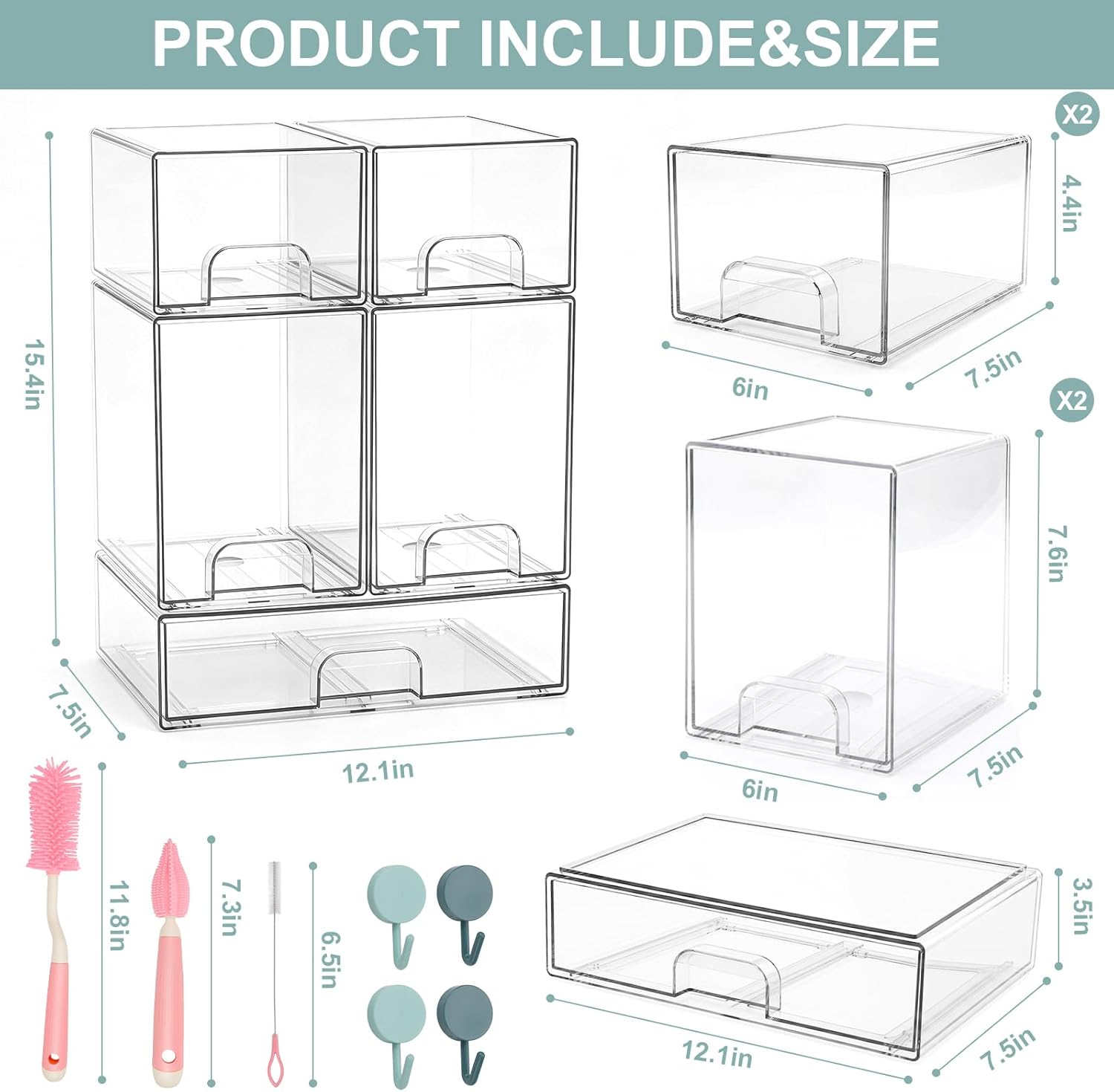 POLRAI 5 Pack Baby Bottles Organizer with Brush and Hooks, Stackable Acrylic Storage Boxes for Baby Bottles, Makeup, Small Items, Clear Storage Containers for Kitchen, Bathroom, Bedroom, Cabinet