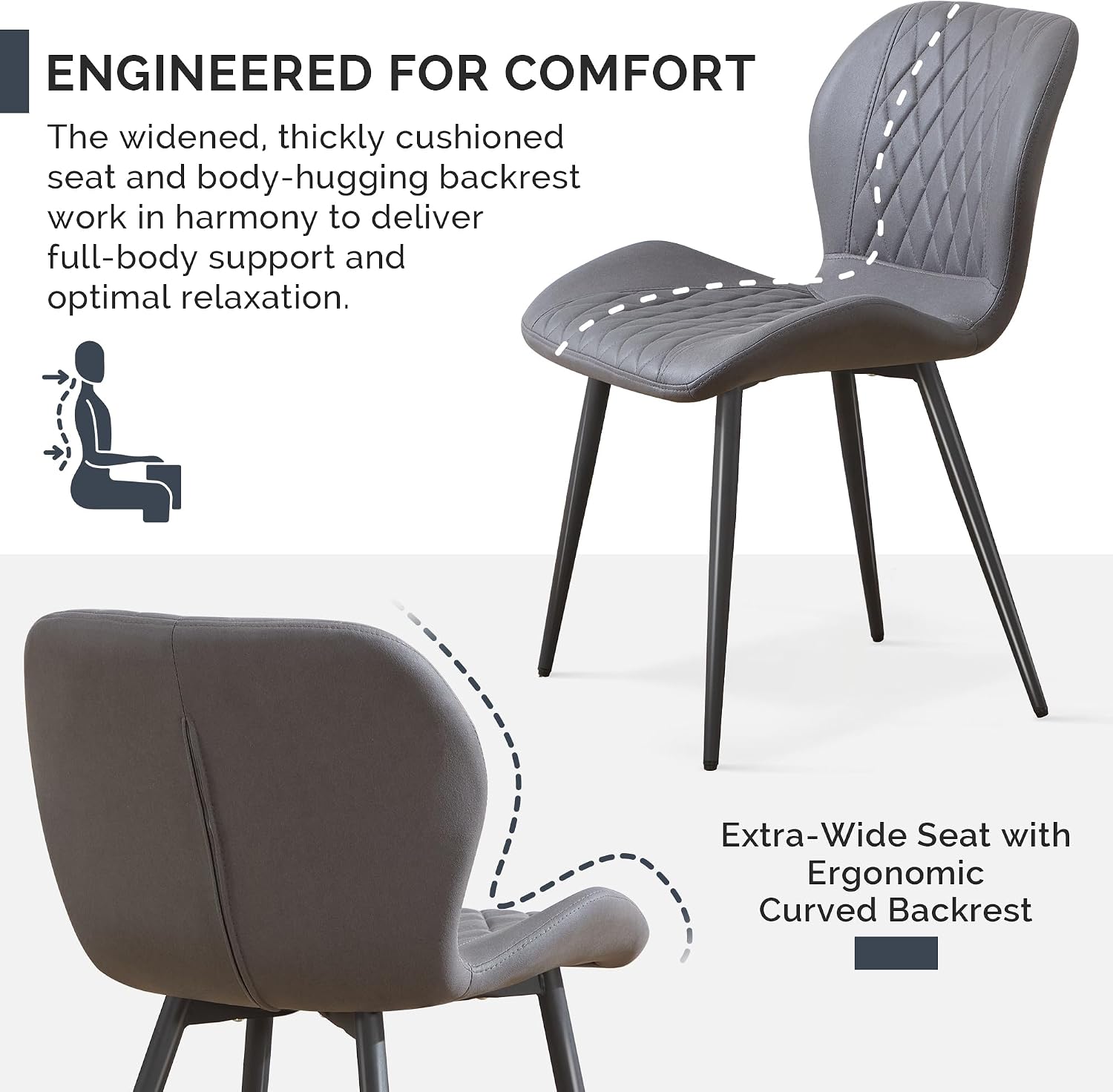 Dining Chairs Set of 4, Comfy Modern Dining Chairs with Thick Cushions, Upholstered Fabric Kitchen Side Chairs with Adjustable Metal Legs for Dining Room (Dark Grey)
