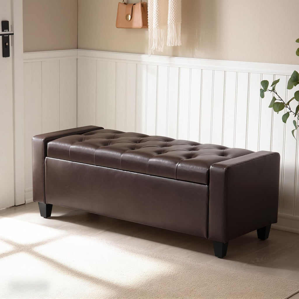 Zihanhome Ottoman with Storage，Storage Ottoman Bench, Faux Leather Storage Bench for Bedroom with Safety Hinge，Bedroom Benches with Seating for Living Room, Entryway (Dark Brown-PU)