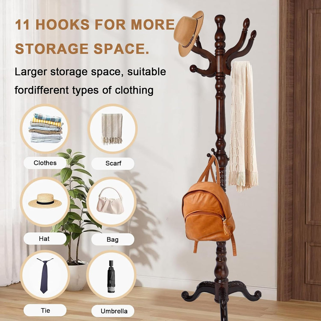 Solid Wood Coat Rack, Free Standing Hall Coat Tree with 11 Hooks, 2 Height Options, 270lbs Load, Stury Base, Clothes Rack for Entryway, Hallway, Bedroom (Tri-legged Base - Dark Brown)