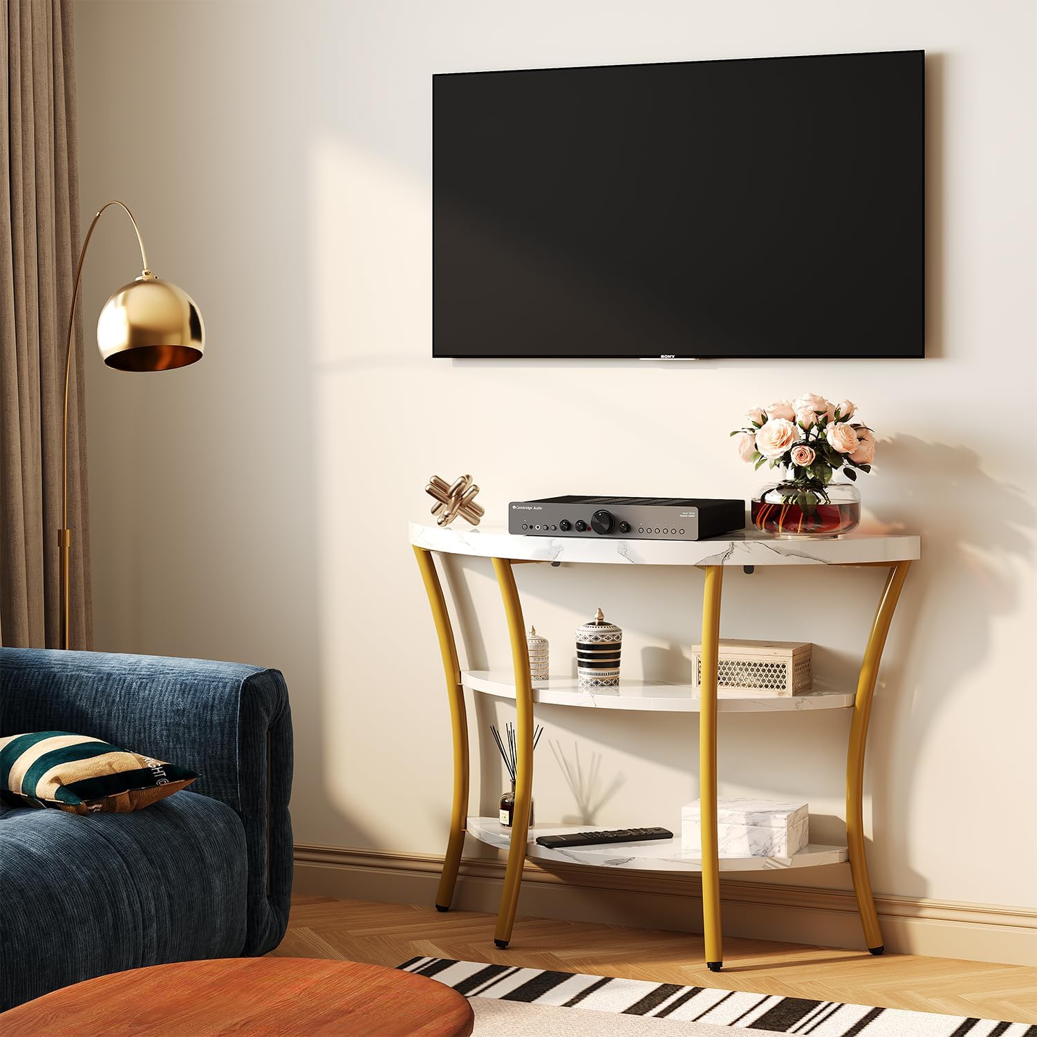 39.4" Console Table with Half Moon Wood Shelves, 3 Tier Modern Entryway Table with Curved Metal Frames, Narrow Sofa Couch Table for Hallway, Entrance, Living Room, Foyer, White Marble & Gold