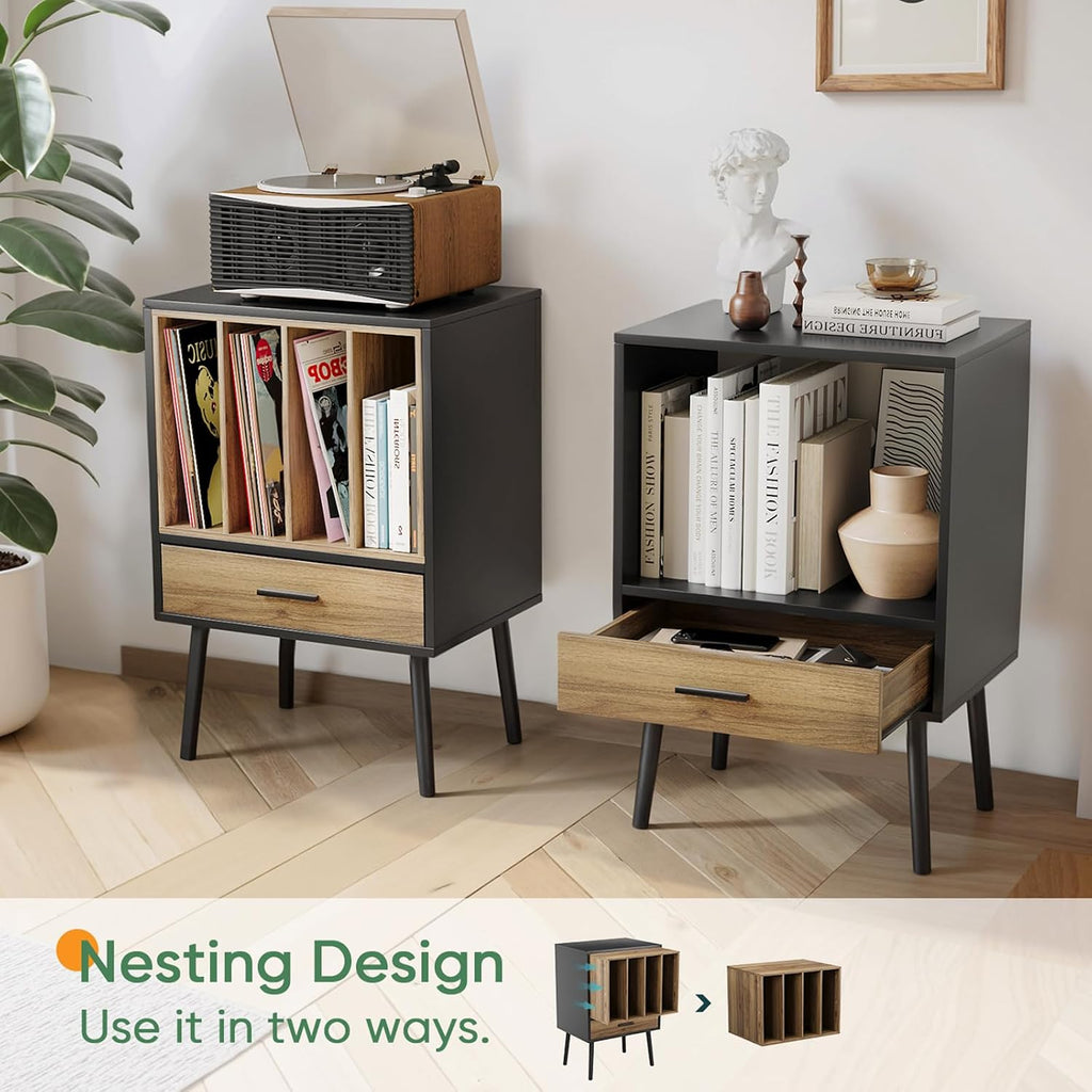 Kiasthome Black Record Player Stand with Storage Crate & Drawer, Vinyl Record Storage Cabinet Side Table for Turntable with Solid Wood Legs, for Living Room, Bedroom
