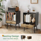 Kiasthome Black Record Player Stand with Storage Crate & Drawer, Vinyl Record Storage Cabinet Side Table for Turntable with Solid Wood Legs, for Living Room, Bedroom