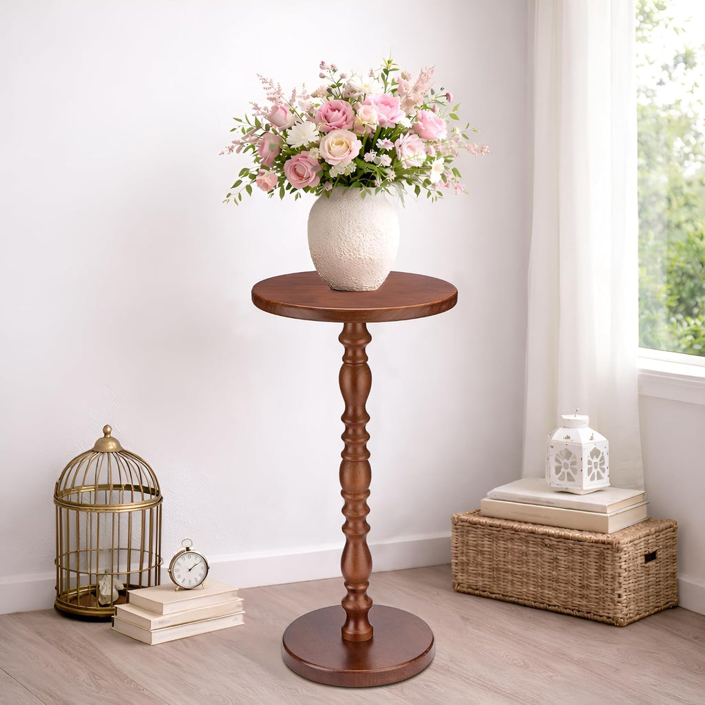 Solid Wood Round Side Table, Rustic Pedestal Drink Table for Small Spaces, Accent Nightstand Table for Living Room, Bedroom, Corners, and Office, Brown