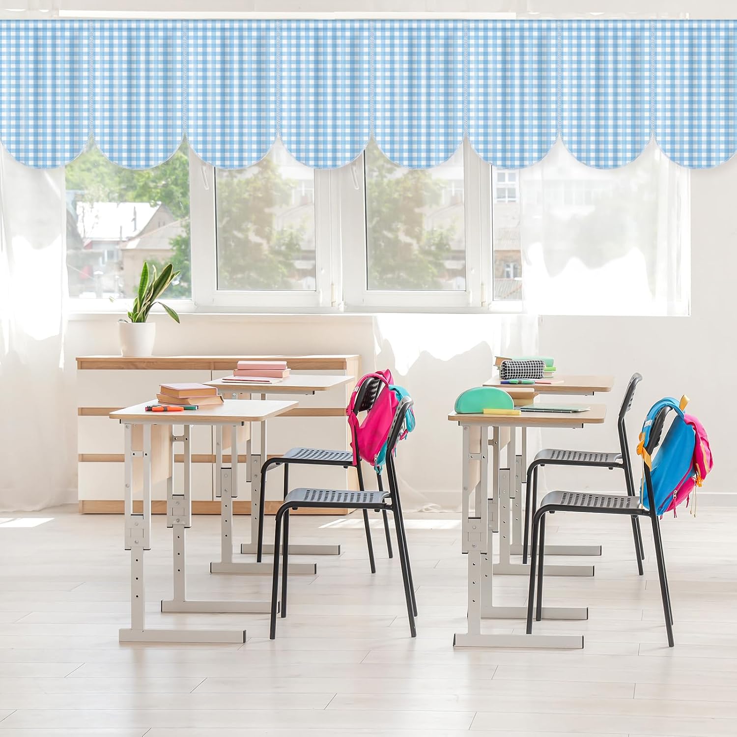 Irenare 8 Pcs Blue Check Plaid School Classroom Curtains Back to Classroom Colorful Curtains for Sunset Soiree Party Decorations Sunset Kindergarten Daycare Primary Bedroom Playroom Room Decor