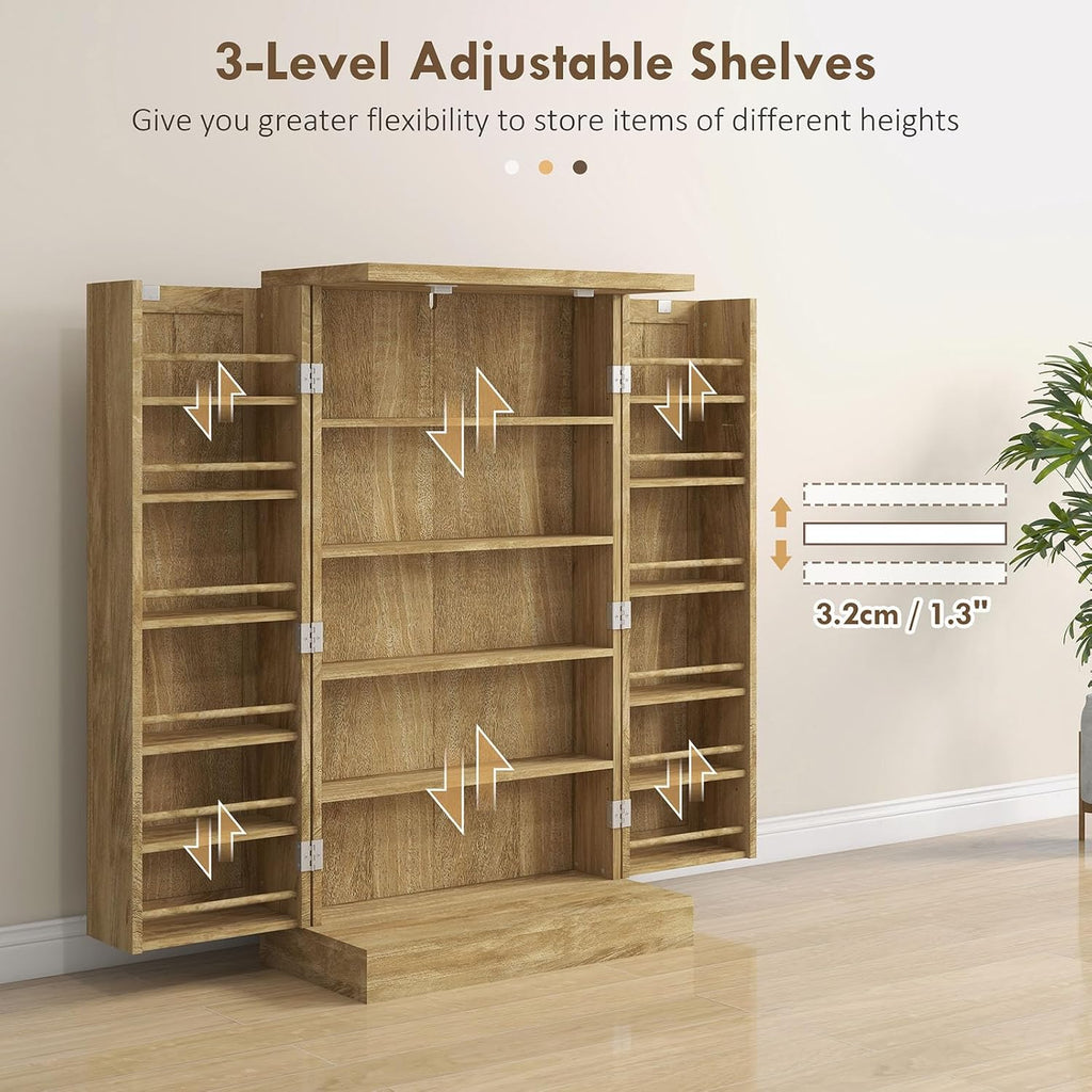 Pantry Storage Cabinet, 41" Kitchen Freestanding Kitchen Cabinet with 12 Door Shelves, Double Doors, 5-Tier Shelving and Adjustable Shelves, Natural