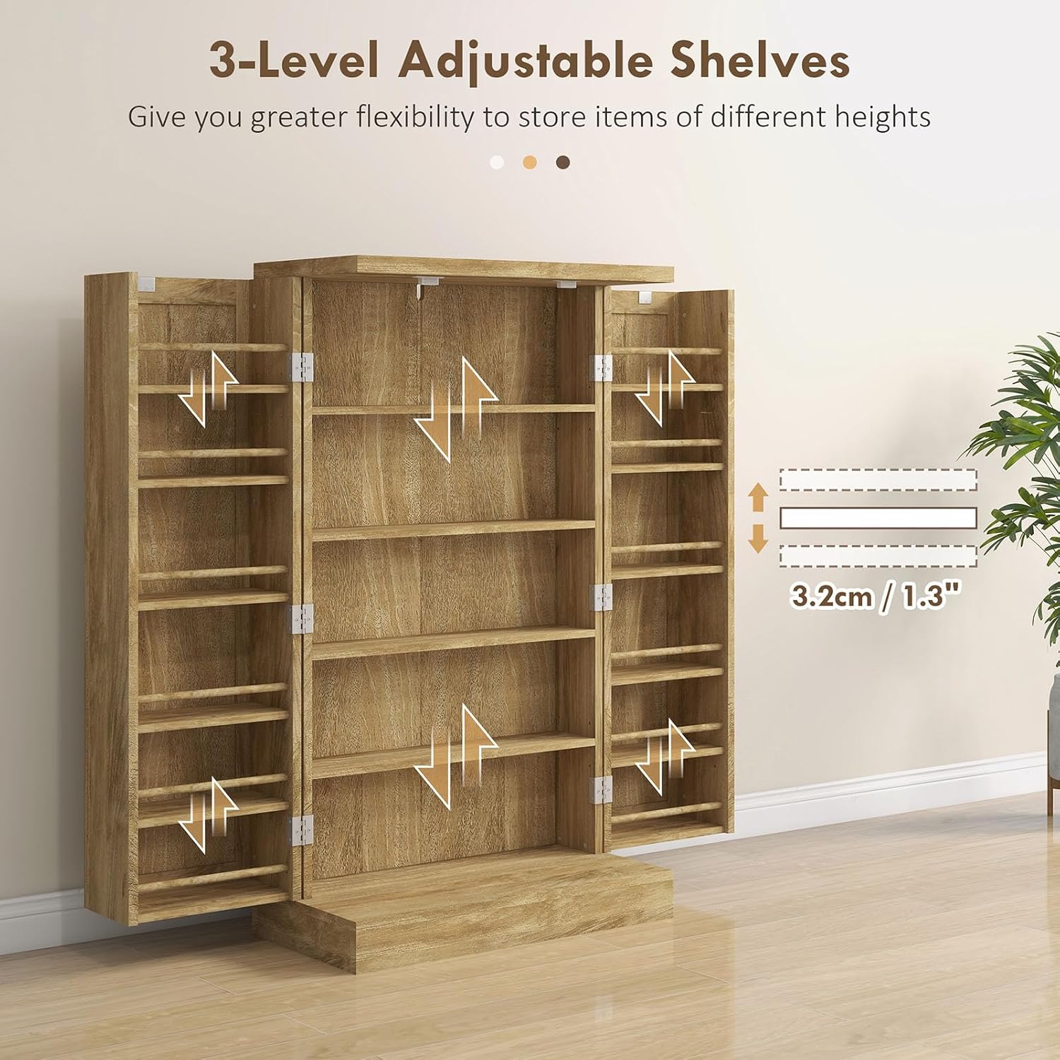Pantry Storage Cabinet, 41" Kitchen Freestanding Kitchen Cabinet with 12 Door Shelves, Double Doors, 5-Tier Shelving and Adjustable Shelves, Natural