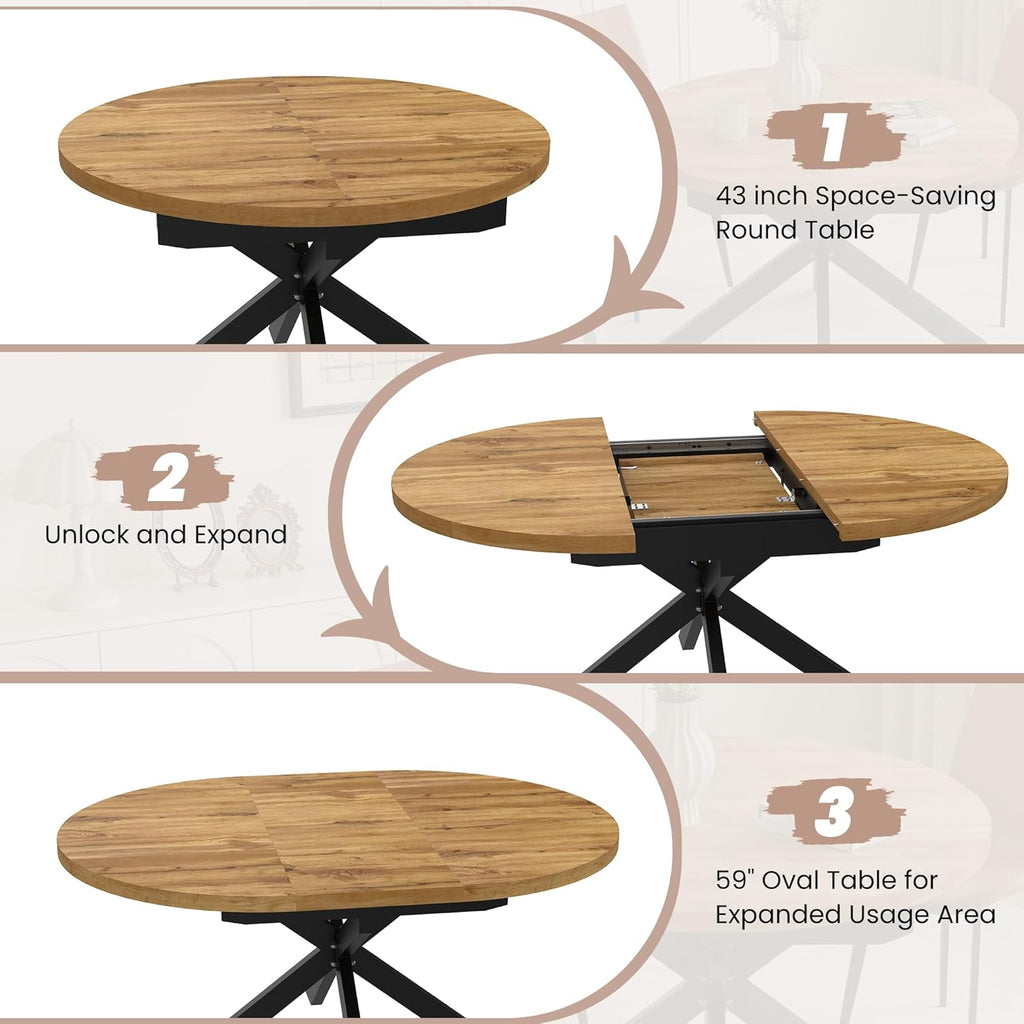 7-Piece Extendable Round Dining Table with Chairs Set for 6, 43"-59" Kitchen Dining Table Set with Heavy Duty Leg for Dining Living Room Apartment(Oak Table + 6 Gray Chairs)