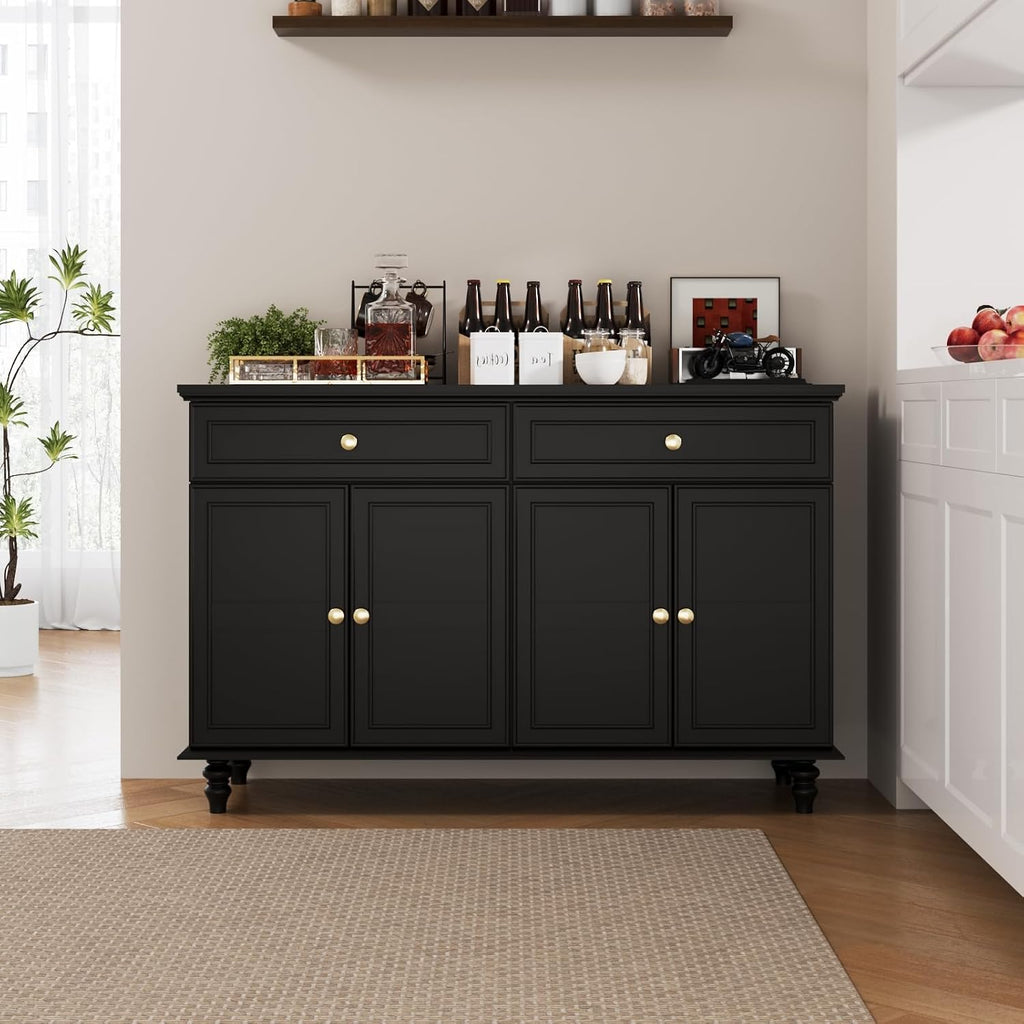 PROXRACER 48" Farmhouse Sideboard Buffet Cabinet with 2 Drawers & 4 Doors, Large Storage Spaces with Adjustable Shelves, Rustic Kitchen Dining Room Cabinet, Black