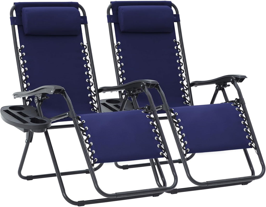 JEAREY Zero Gravity Lounge Chairs Set of 2, Adjustable Steel Mesh Recliners with Pillows and Cup Holder Trays for Patio, Garden, Beach, Navy Blue