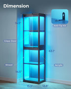 AODK Display Cabinet with Glass Doors, Glass Display Case with RGB LED Light, Corner Display Shelf for Collectibles, Black Curio Cabinet for Showcase, Bookcase