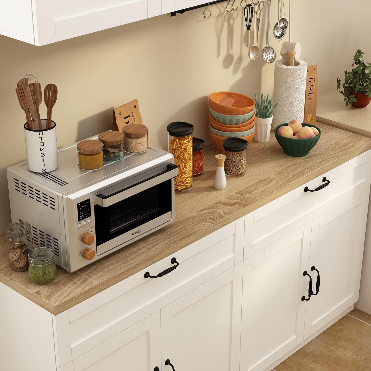 ECACAD Wall-Mounted Kitchen Pantry with Doors, Drawers & Adjustable Shelves, Kitchen Cupboard Storage Cabinet with Oak Top for Living Room, White