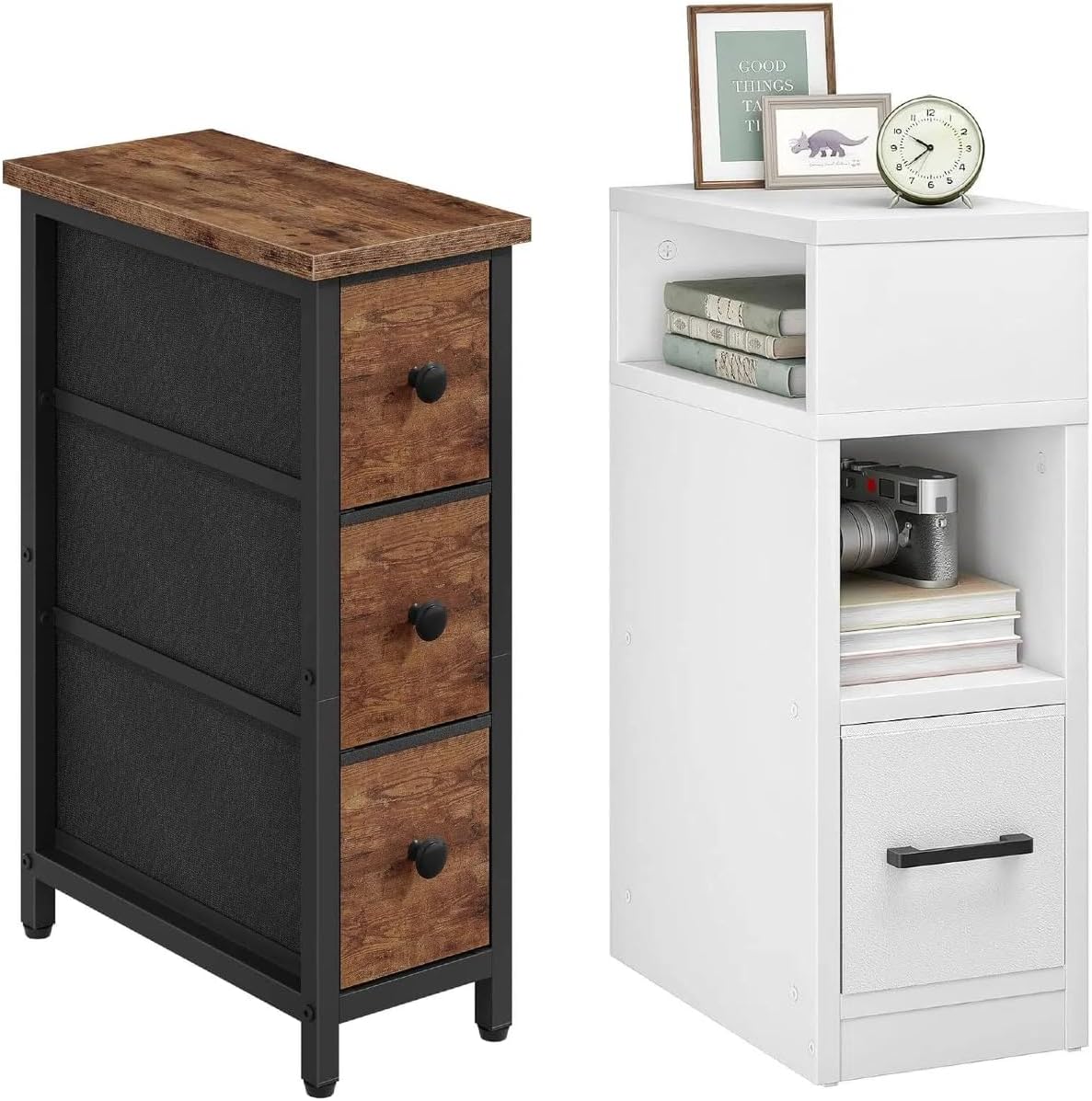 CHOEZON Small Nightstand and Narrow Side Table with Drawers Bundle, Skinny Bedside Table for Small Spaces, Slim Bedside Table for Bedroom, Living Room TBZ09BF-MBZ11WB