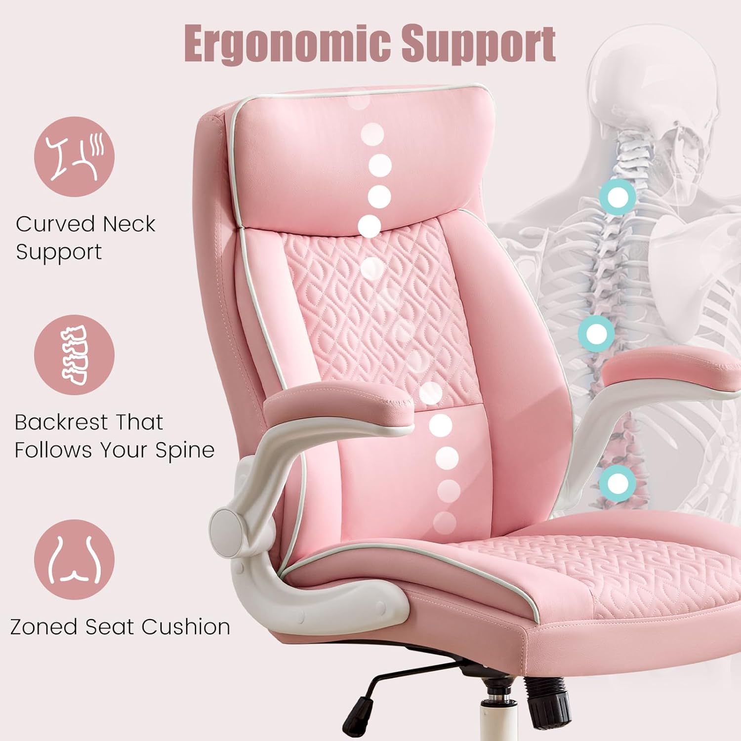 Leather Office Chair, Computer Desk Chair with Lumbar Support,Height Adjustment, Comfortable Excutive Task Chairs 400lbs with Padded Flip-up Armrests, Pink