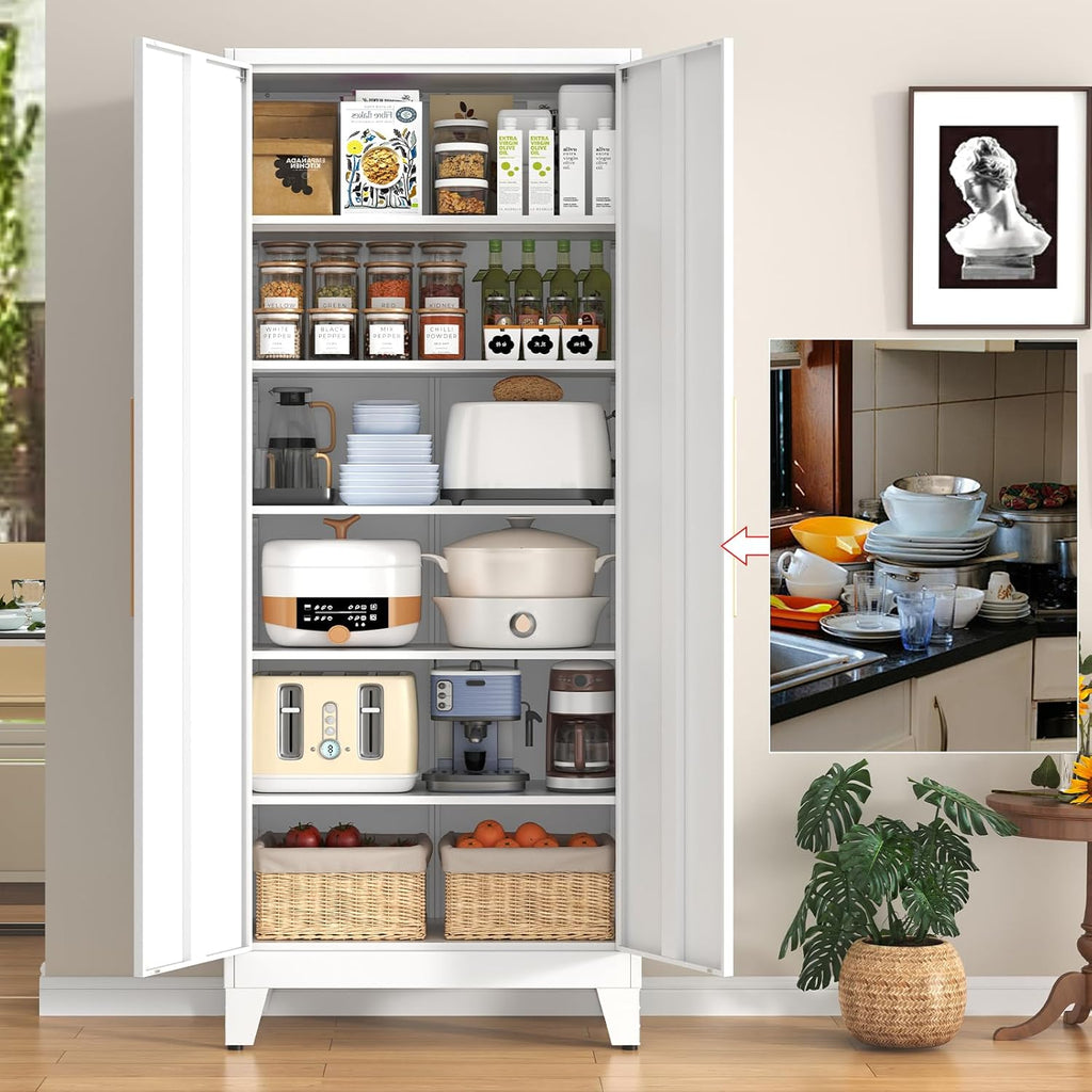75.3" Tall Metal Kitchen Pantry Storage Cabinet with 5 Adjustable Shelves & 2 Doors, Large Freestanding Organizer Cabinet for Kitchen, Bathroom,Diningroom（White）