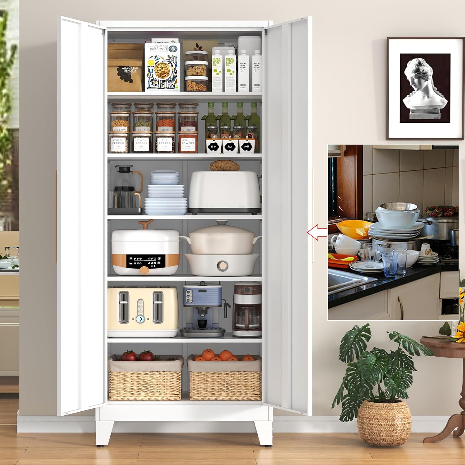 75.3" Tall Metal Kitchen Pantry Storage Cabinet with 5 Adjustable Shelves & 2 Doors, Large Freestanding Organizer Cabinet for Kitchen, Bathroom,Diningroom（White）