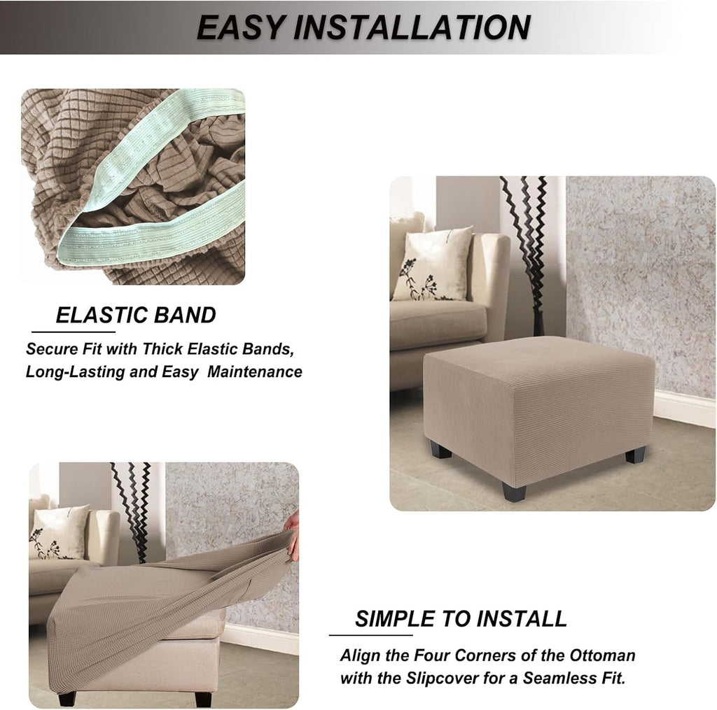 NeColorLife Stretch Ottoman Cover Square Soft Knitted Jacquard Washable Thick Storage Foot Stool Cover for Square and Rectangle Ottomans Khaki Large