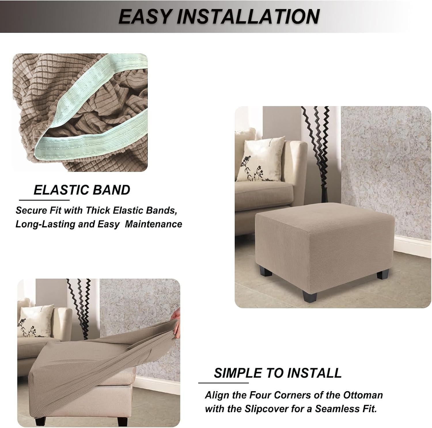 NeColorLife Stretch Ottoman Cover Square Soft Knitted Jacquard Washable Thick Storage Foot Stool Cover for Square and Rectangle Ottomans Khaki Large