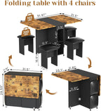 AWQM Foldable Dining Table Set for 4,Folding Dining Table with 4 Leather Chairs & Storage,Drop Leaf Dinner Table with 6 Wheels,Folding Kitchen Table and Chairs Set for Small Spaces,Walnut