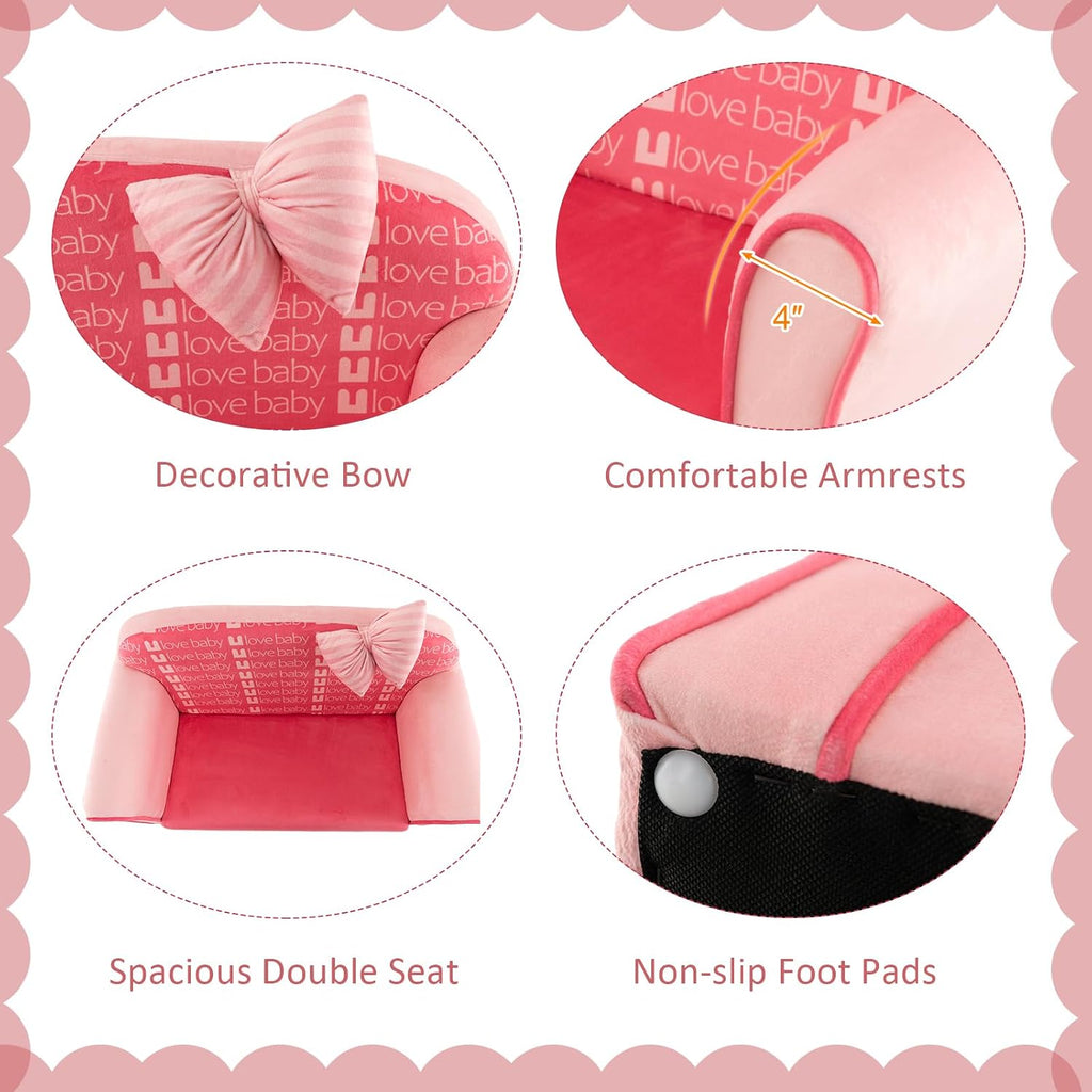 HONEY JOY Pink Toddler Couch, Comfy Chair w/Ottoman, Cute Bow, Lightweight Playroom Furniture w/Velvet Cover & Wooden Frame, Princess Style Loveseat for Bedroom, Kids Sofa for Girls Boys