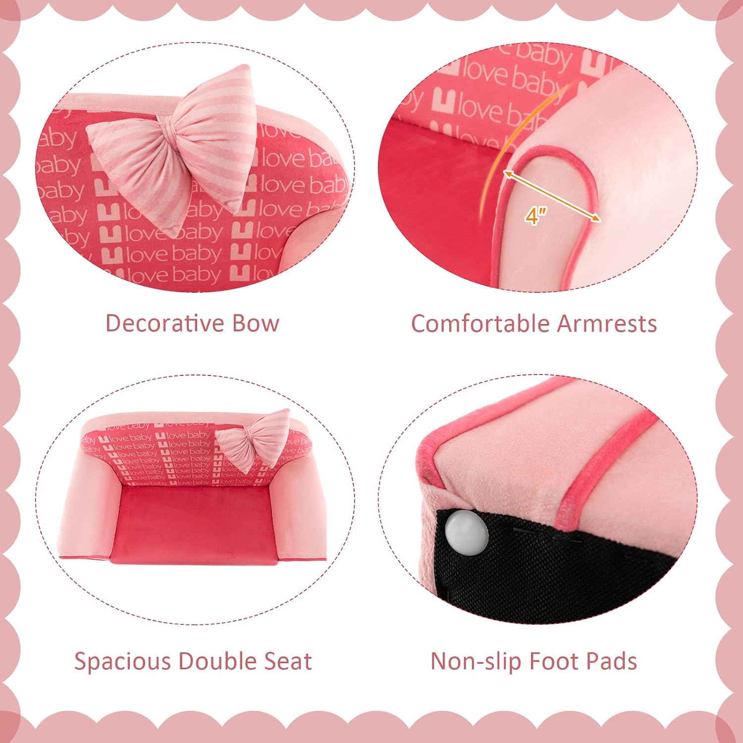 HONEY JOY Pink Toddler Couch, Comfy Chair w/Ottoman, Cute Bow, Lightweight Playroom Furniture w/Velvet Cover & Wooden Frame, Princess Style Loveseat for Bedroom, Kids Sofa for Girls Boys
