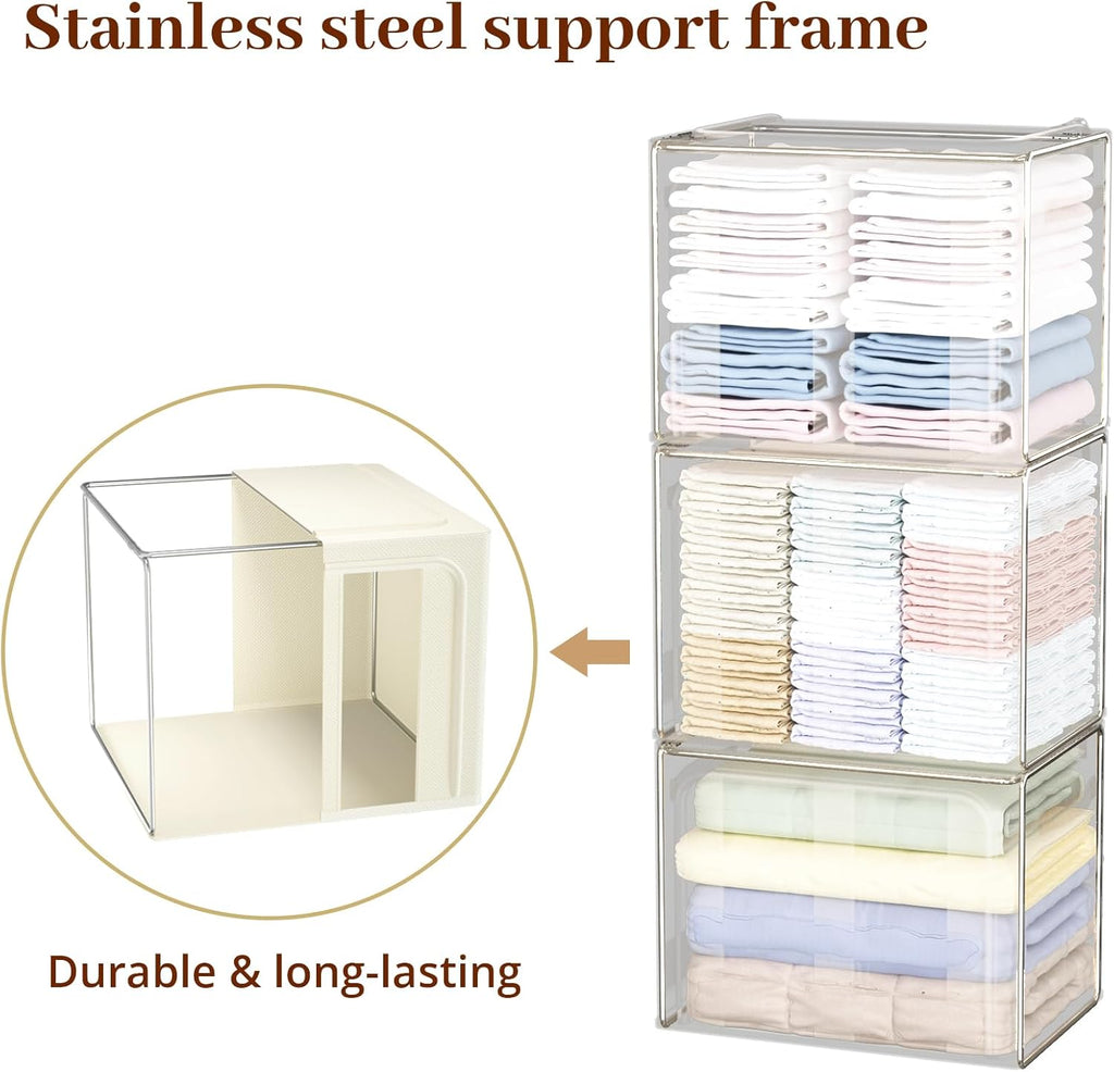 Clothes Storage Bins with Metal Frame, 4-Pack foldable storage bins with Lid, Closet Organizer for Sweaters, Blankets, and Winter Clothes,40L