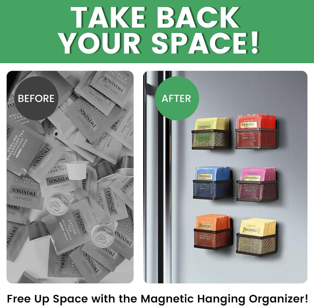 Magnetic Tea Bag Organizer - 6-Piece Metal Tea Organizer for Refrigerator, Kitchen Shelf and Counter, Stylish & Space Saving Tea Organizers and Storage