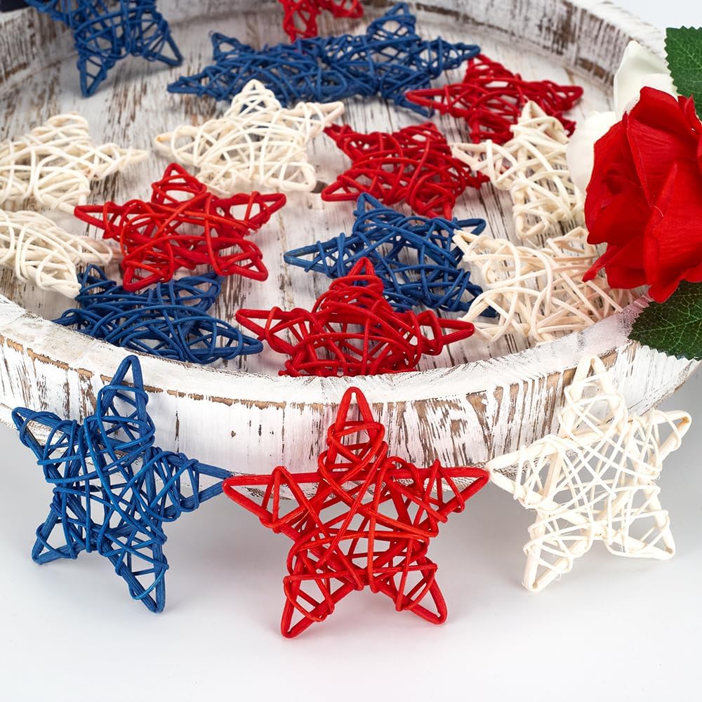 18 Pcs 4th of July Decorations Patriotic Rattan Star Decor Red White and Blue Decorations 3.1 Inch Independence Day Table Decor Party Decorations Vase Bowl Fillers
