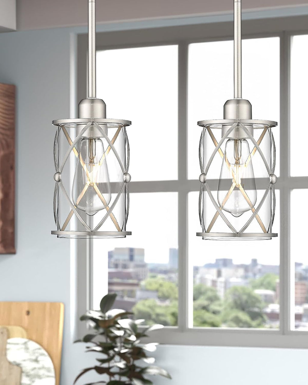 Brushed Nickel Pendant Lights Kitchen Island 3 Pack, Glass Kitchen Pendant Lighting Over Island with Rod, Modern Mini Hanging Light for Kitchen Sink Dining Room, CH9176BN-3PK