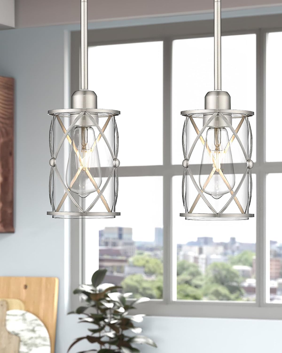 Brushed Nickel Pendant Lights Kitchen Island 3 Pack, Glass Kitchen Pendant Lighting Over Island with Rod, Modern Mini Hanging Light for Kitchen Sink Dining Room, CH9176BN-3PK