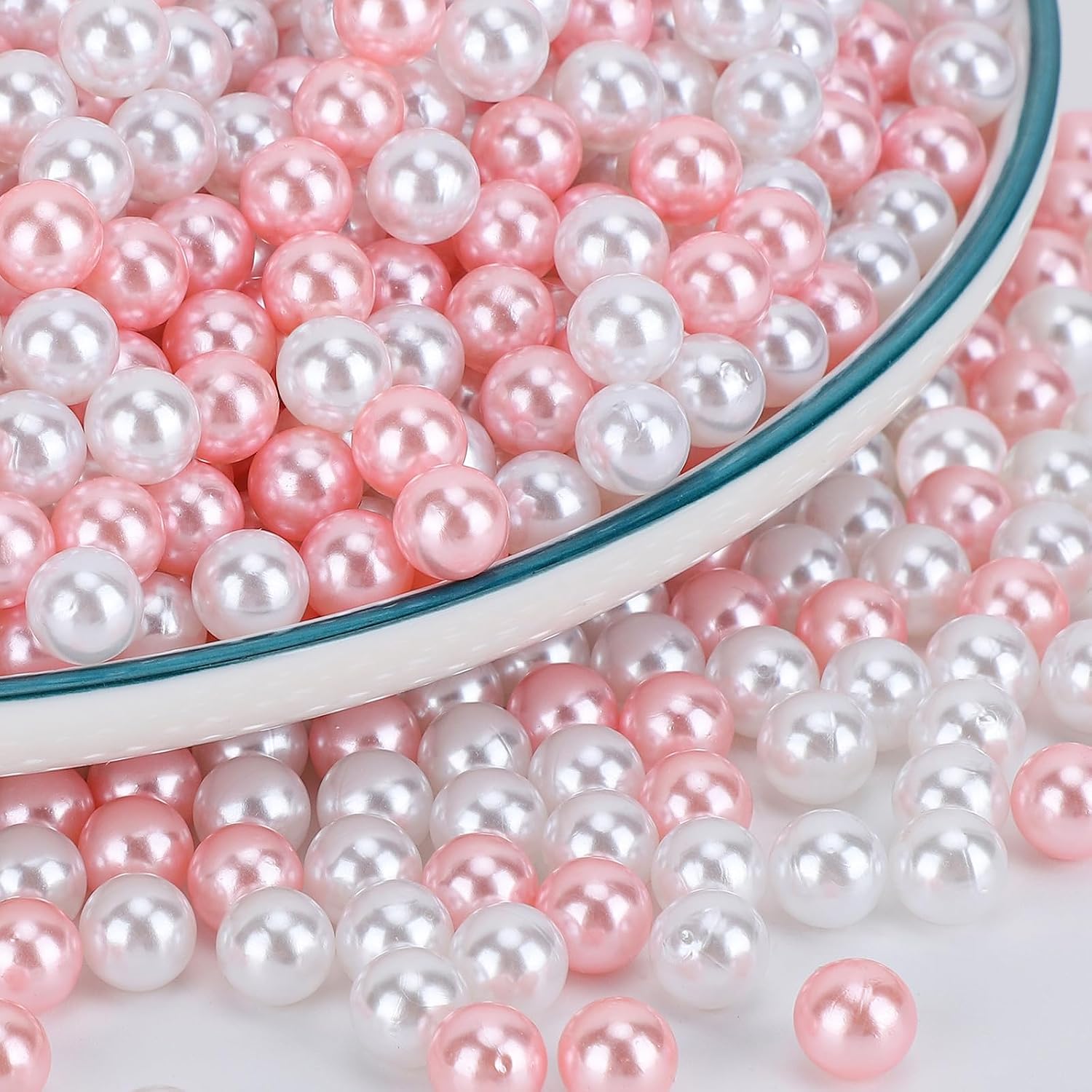 SUREAM 8mm Faux Fake Pearls for Crafting, 2600PCS Vase Filler Beads, Loose Beads No Hole for Vase Fillers, Table Scatter, Wedding, Birthday Party Home Decoration(White&Pink Color)