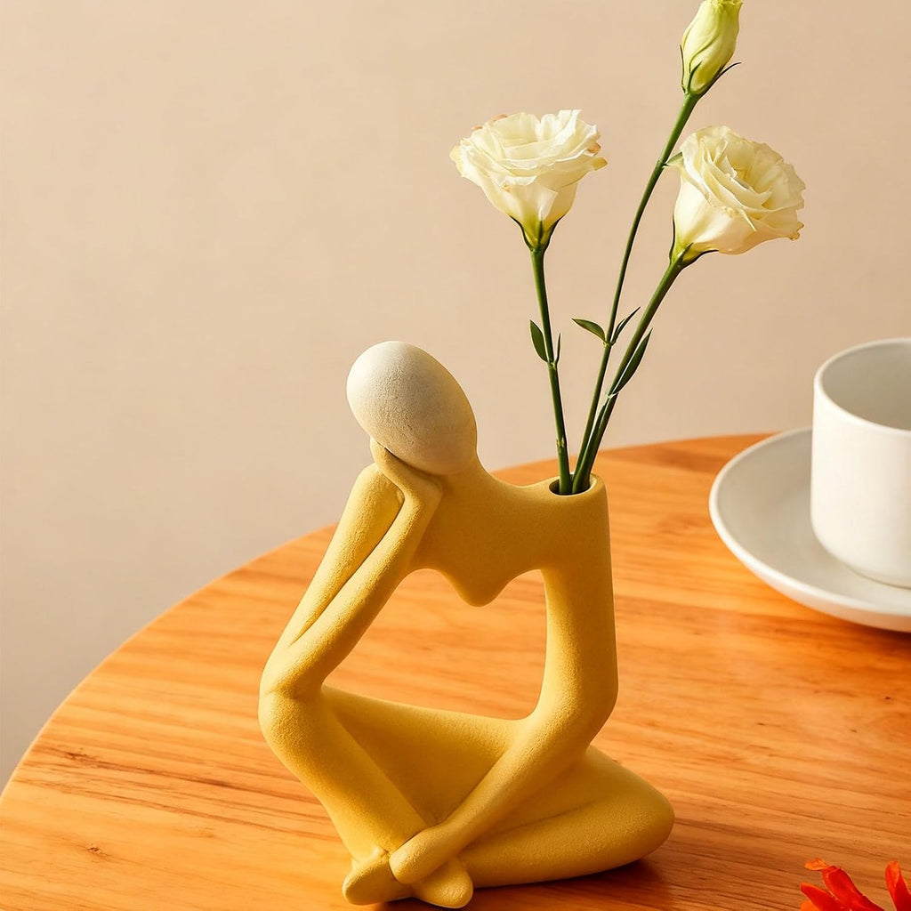 Arawat Ceramic Thinker Vase Yellow Flower Vase for Home Decor Modern Cute Boho Vases for Table Room Decor Unique Aesthetic Ceramic Decorative Vases for Centerpieces Birthday Gifts for Women Men
