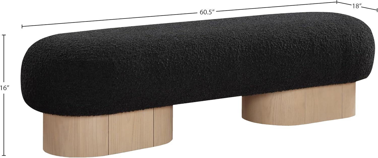 Meridian Furniture 22001Black Robertson Collection Art Deco Bench with Luxurious Black Boucle Fabric and Rich Natural Oak Finish, 60.5" W x 18" D x 16" H, Black