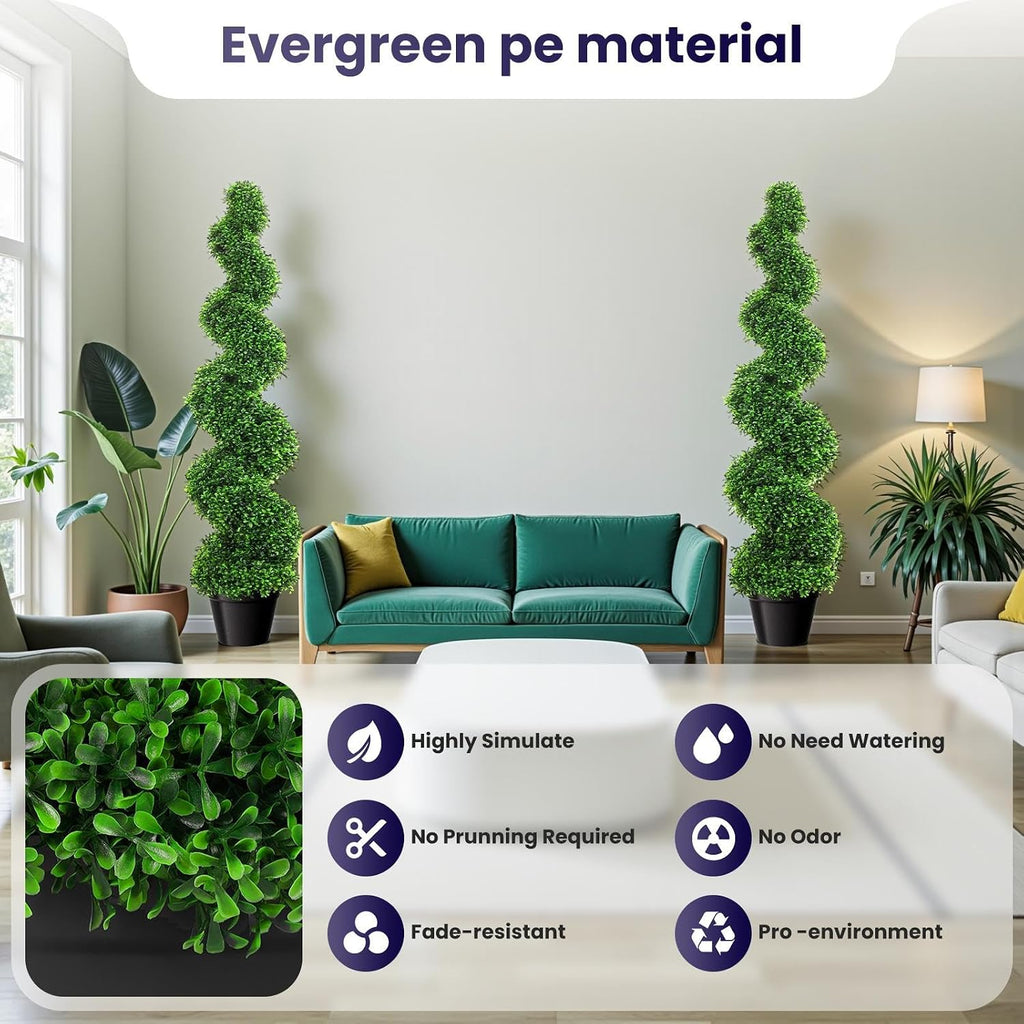 4ft Artificial Boxwood Spiral Tree Set (2 Pieces), Faux Plants Outdoor with Weighted Pot, Artificial Outdoor Plants for Outdoor Walkway & Indoor Decor, Boxwood Topiary, Artificial Trees for Outdoors