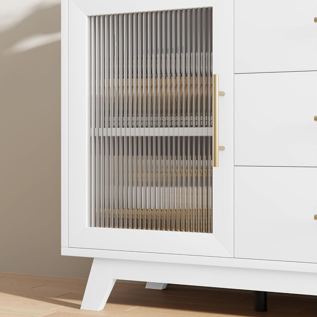GarveeHome 56 Inch Buffet Cabinet Sideboard with Fluted Glass Doors and Gold Handles, Modern Sideboard Storage Cabinet with Adjustable Shelves, Coffee Bar Table for Kitchen Dining Room Living Room