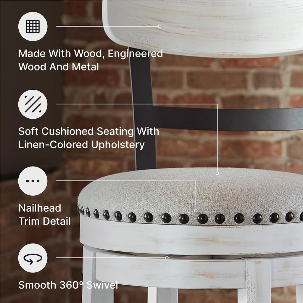 Signature Design by Ashley Valebeck Barstool, Rustic-Industrial Counter Height Chair, 360° Swivel, Wood & Metal Frame, Cushioned Seat, Ideal for Kitchen Island with Seating, Vintage White