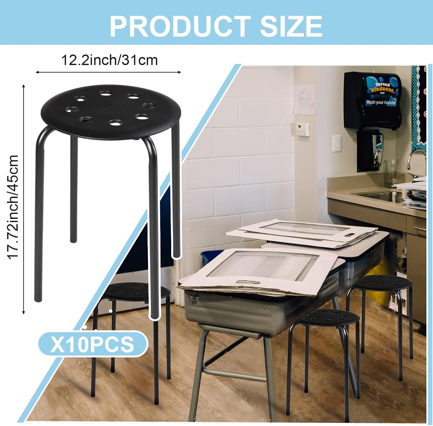 Tuanse 10 Pcs Stacking Stools Set with Metal Frame 17.72'' Portable Stackable Plastic Backless Stool with Round Top for Adult Office Home Kitchen(Black)