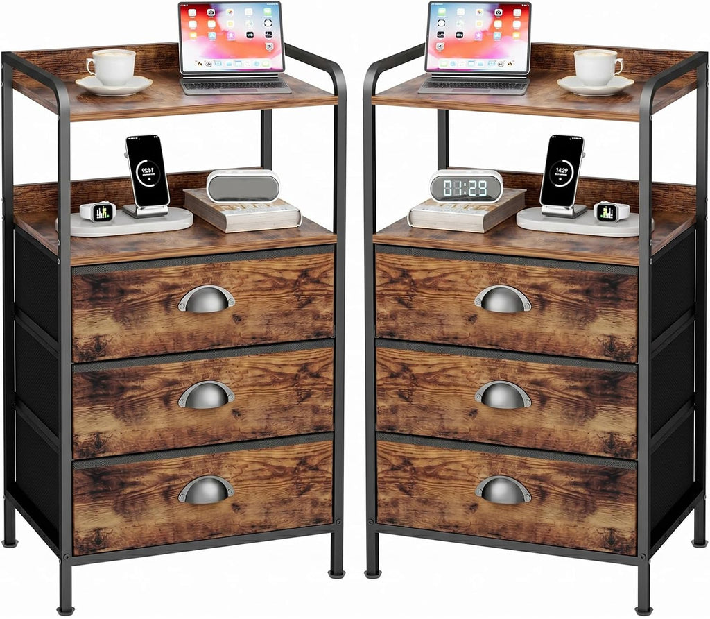 Night Stand Set 2, Nightstand with 3 Fabric Drawers and 2-Tier Shelf, Small Dresser Organizer, Bedside Table with Storage, End Table for Bedroom, Steel Frame, Wood Top, Rustic Brown