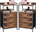 Night Stand Set 2, Nightstand with 3 Fabric Drawers and 2-Tier Shelf, Small Dresser Organizer, Bedside Table with Storage, End Table for Bedroom, Steel Frame, Wood Top, Rustic Brown
