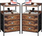 Night Stand Set 2, Nightstand with 3 Fabric Drawers and 2-Tier Shelf, Small Dresser Organizer, Bedside Table with Storage, End Table for Bedroom, Steel Frame, Wood Top, Rustic Brown